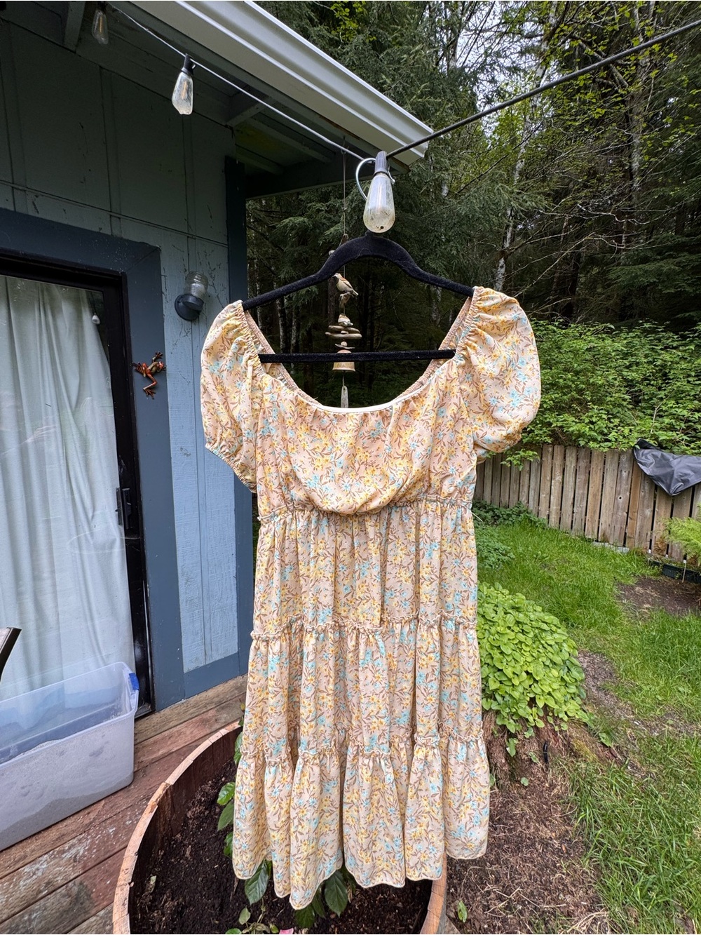 bailey blue Yellow Floral Puff-Sleeve Tiered Midi Dress
